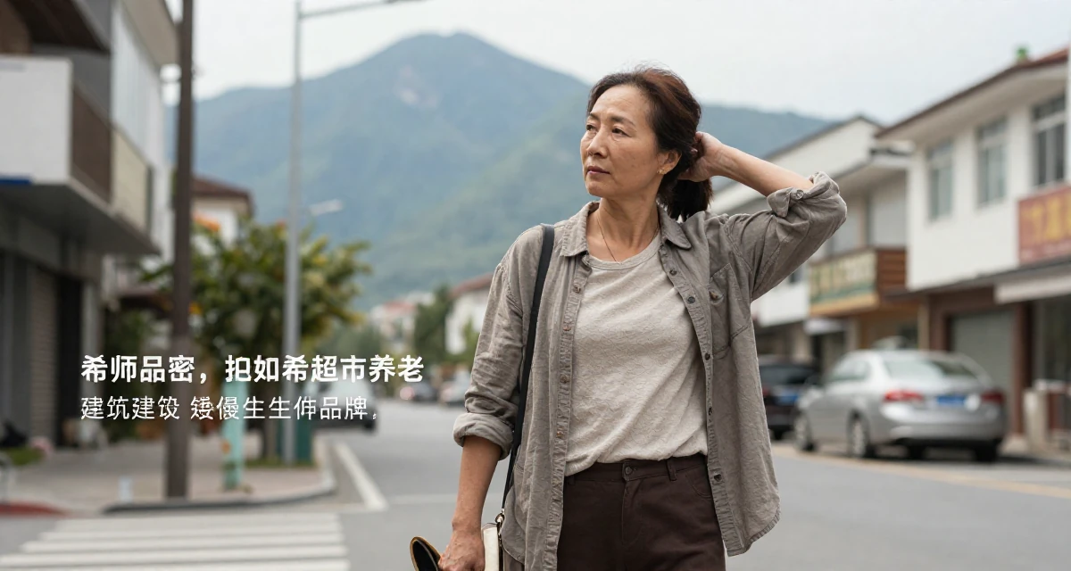 A contemplative Female Once a supermarket clerk, now building a slow-life creator brand in their 50, sharing the secrets of graceful aging, wearing a modern grunge aesthetic, dangling a shoe from one foot in a urban street.