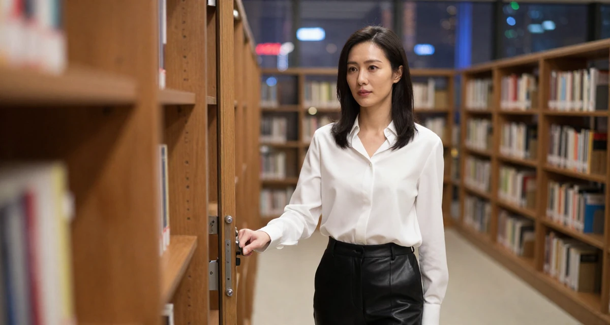 A composed Female From Hong Kong, based in Kowloon, graduated from a community college majoring in film studies in their 25, becoming more intentional with time and focus, wearing a black leather trousers and a crisp white blouse, pulling a door open in a quiet park.