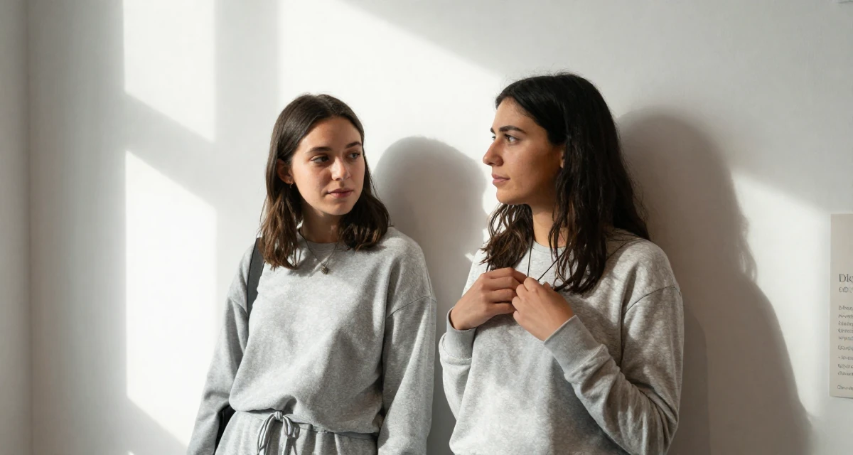 A mellow Female From Ireland, based in Cork, graduated from a regional college majoring in digital content creation in their 25, focusing on deep meaningful friendships, wearing a comfortable lounge wear set, fiddling with a necklace in a museum exhibit.