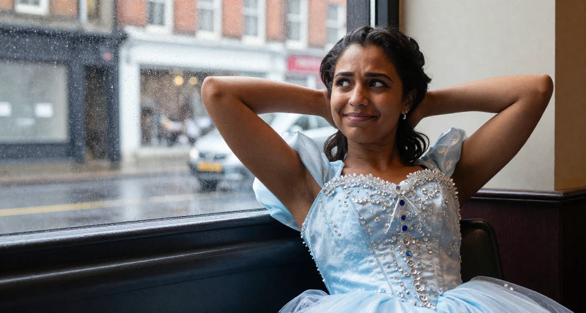 A puzzled Female From Birmingham United Kingdom, holds a degree in economics in their 32, looking at the world with a cynical edge, wearing a snow queen gown with ice crystal details, laughing softly in a rainy window seat.
