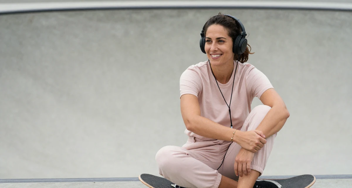 A bright and optimistic Female From USA, studied psychology and human behavior in their 34, managing a complex portfolio of responsibilities, wearing a soft pastel-colored ensemble, listening to music with headphones in a skate park.