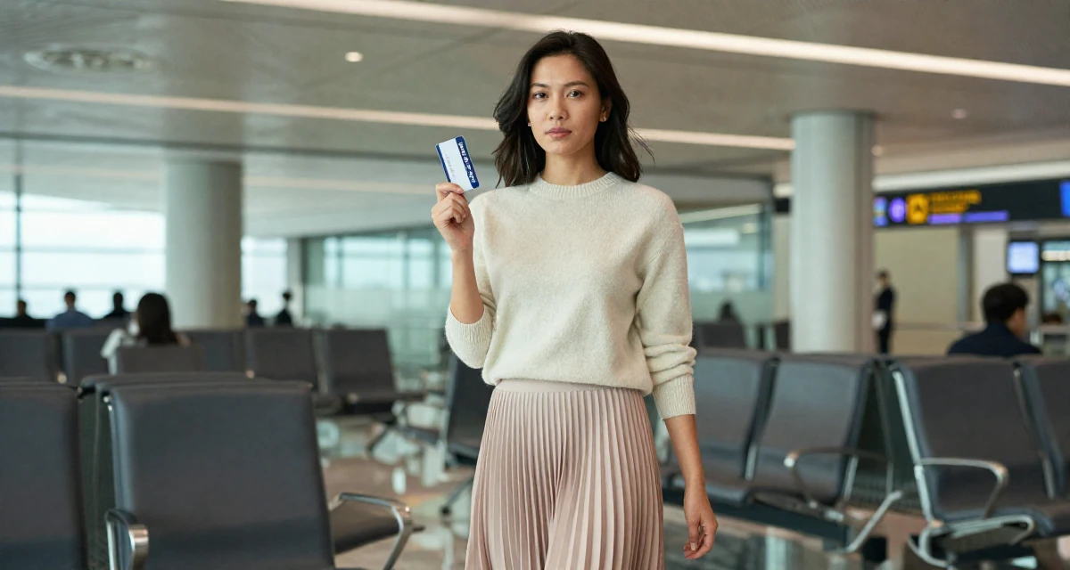 A steady Female From Malaysia, based in Penang, graduated from a private university majoring in digital media in their 33, protecting personal time fiercely, wearing a soft cashmere sweater and a pleated midi skirt, holding a subway card in a airport departure lounge.