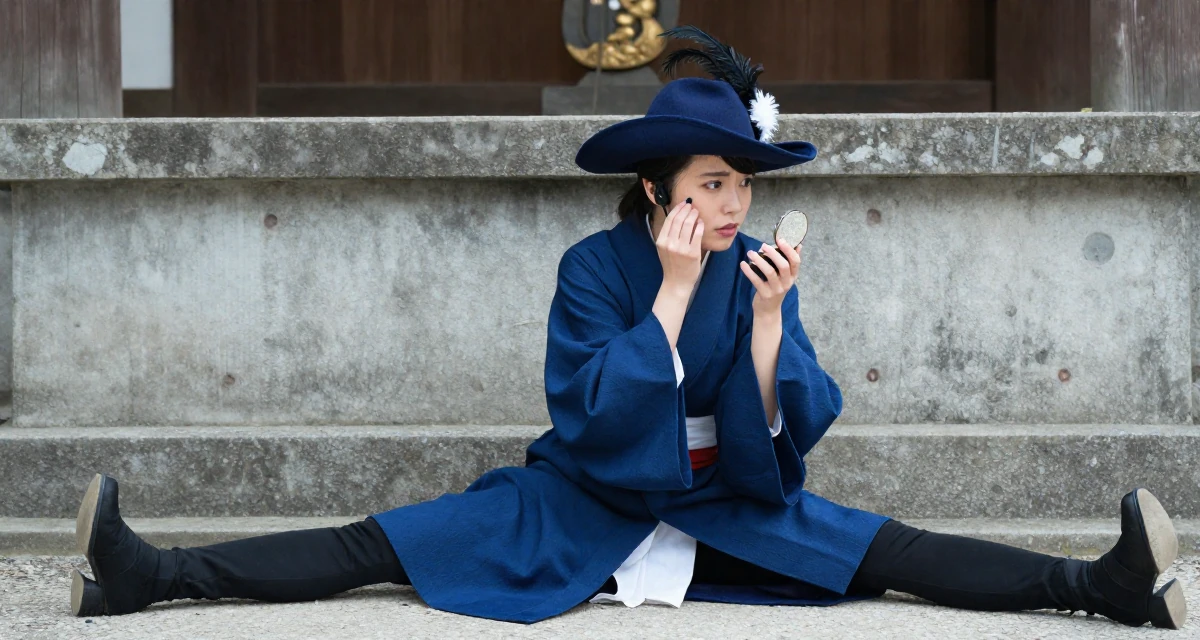 A puzzled Female Former call-center worker, now crafting confidence-centric creator content in their 23, using confidence as the core of seductive branding, wearing a royal musketeer tunic with a feathered hat, checking makeup in a compact mirror in a Japanese Shinto shrine.