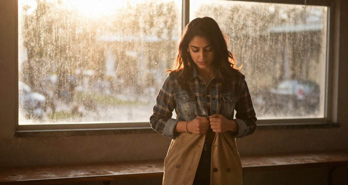 A shy Female Raised in Pakistan, majored in mass communication in their 22, refining flirty messaging styles without oversharing, wearing a rugged flannel shirt and denim, unbuttoning a coat in a rainy window seat.