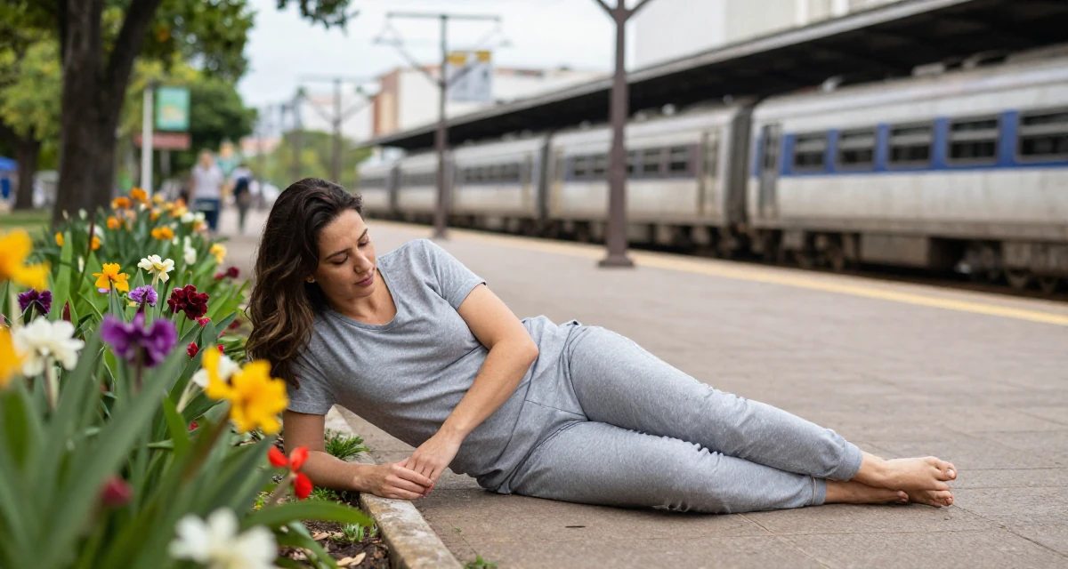 A soulful Female From Brazil, studied fashion merchandising in their 31, navigating the balance between career and new motherhood, wearing a comfortable lounge wear set, tapping a foot rhythmically in a quiet park.