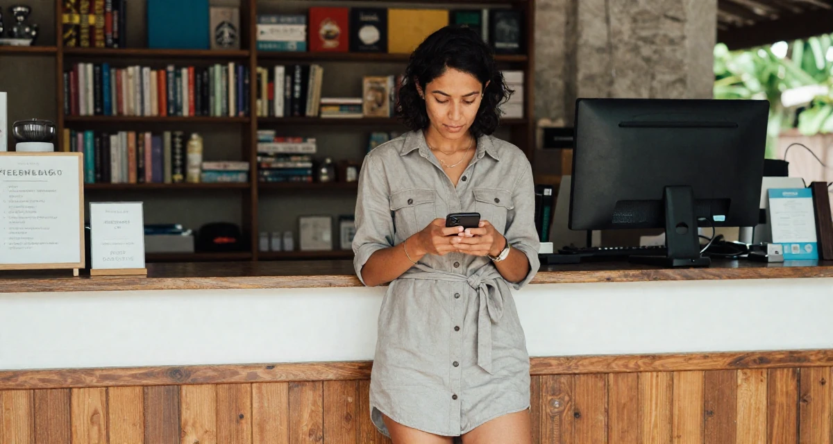 A humble Female From Mauritius, studied digital marketing in their 33, documenting a cross-country road trip, wearing a belted shirt dress with rolled sleeves, scrolling casually in a bakery counter.