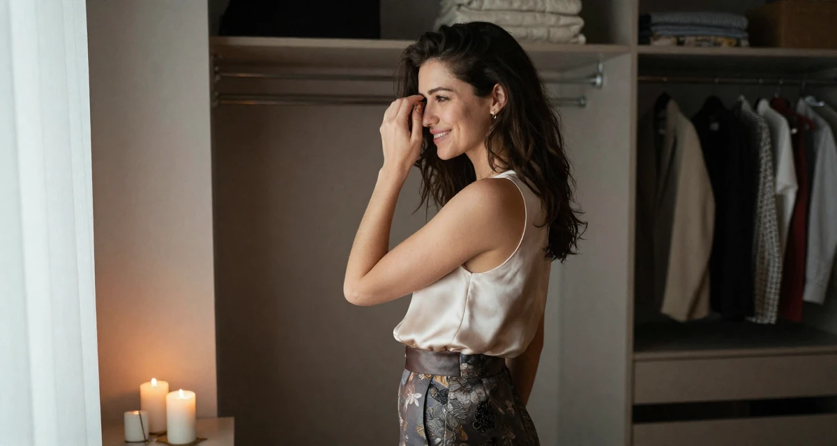 A amused Female From Lyon France, studied fashion marketing in their 20, creating content for a growing online audience, wearing a sleeveless silk top and a high-waisted skirt, rubbing eyes in a walk-in closet.