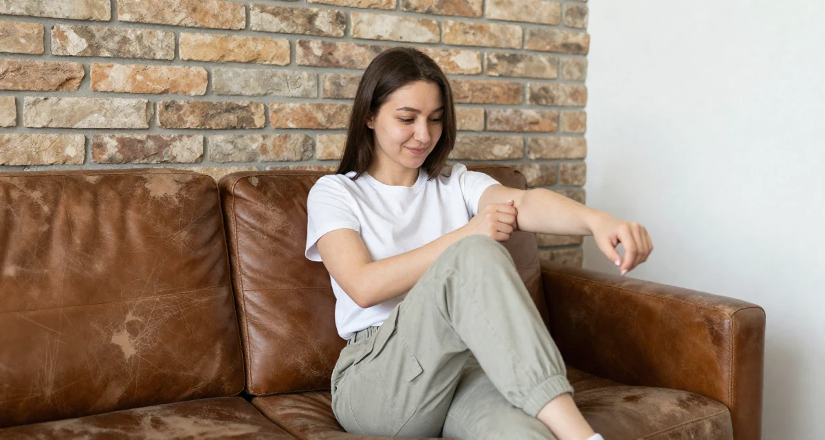 A amused Female From Kazakhstan, based in Almaty, graduated from a state university majoring in journalism in their 25, realizing 25 is still incredibly young, wearing a simple t-shirt and cargo pants, adjusting sleeves in a modern apartment.