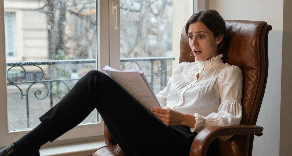A anxious but excited Female From France, based in Marseille, graduated from a creative college majoring in intimate portrait photography in their 42, interior designer with a classic aesthetic, wearing a high-neck victorian style blouse and black slacks, carrying a stack of documents in a rainy window seat.