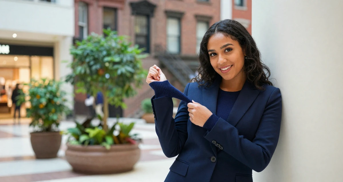 A glowing Female From USA, studied political science in DC in their 24, performing with growing confidence and playful charm, wearing a sleek modern tailored look, pulling a sweater sleeves over hands in a shopping mall atrium.