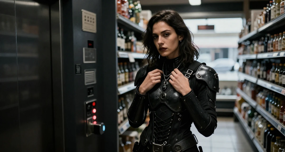 A wistful Female Former accountant in her 30s, now creating fitness-driven fan content in their 23, becoming skilled at angles that highlight confidence, wearing a biopunk organic armor suit, fiddling with a necklace in a supermarket aisle.