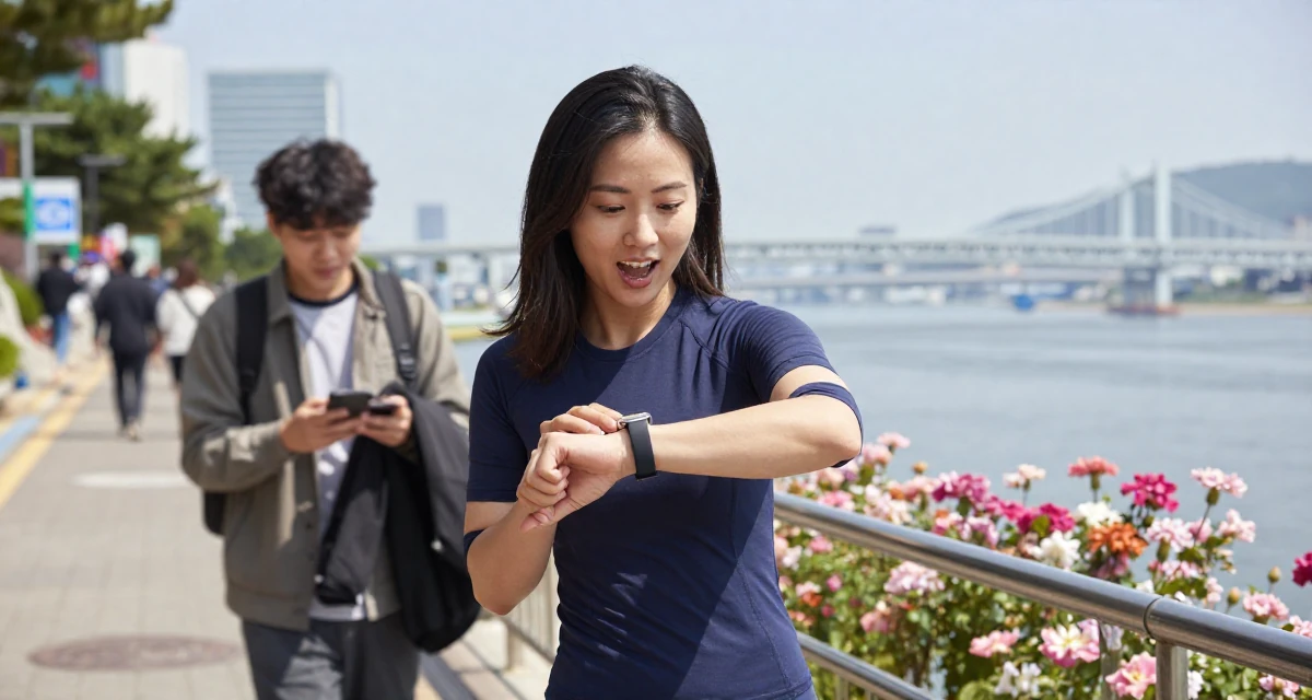 A enthusiastic Female From Busan South Korea, majored in industrial design in their 23, wearing smart casual and checking a watch, wearing a fitted athletic wear, scrolling casually in a city sidewalk.