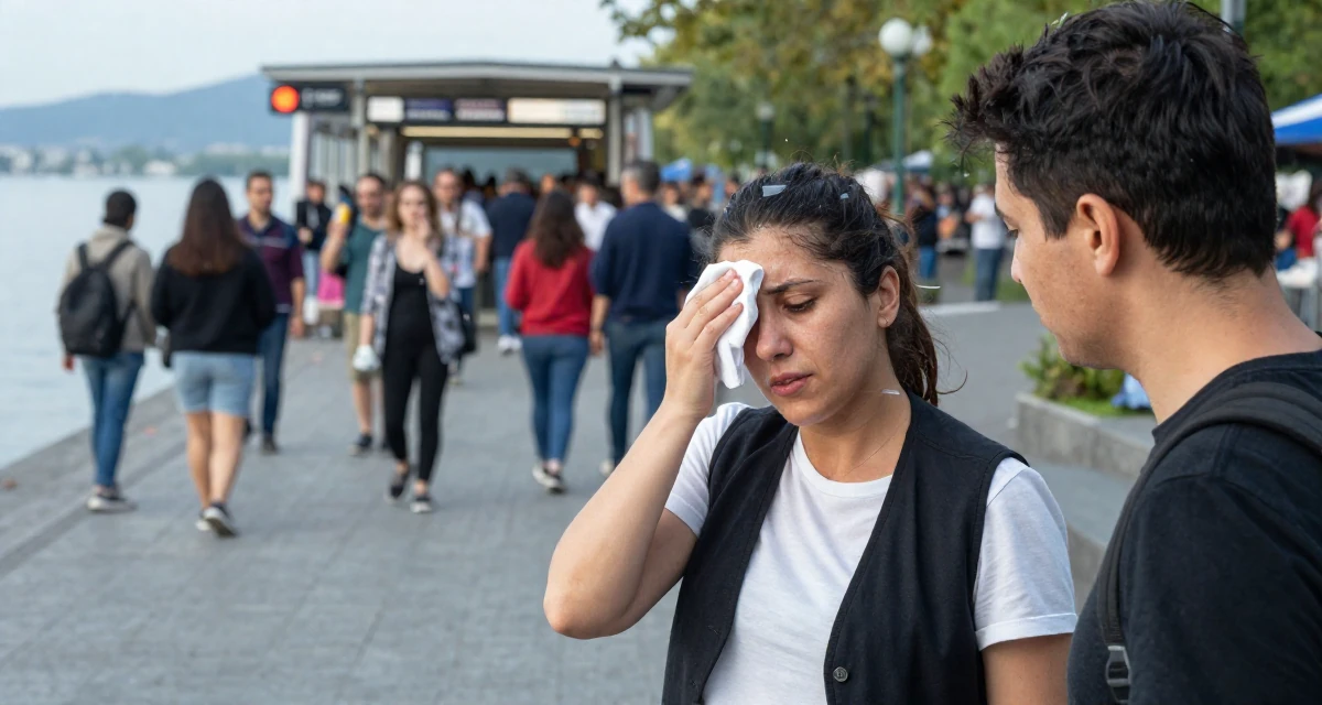 A open and honest Female From Turkey, majored in mechatronics in their 45, mentoring younger colleagues, wearing a casual vest and t-shirt layer, wiping sweat from the brow in a serene lakeside dock.