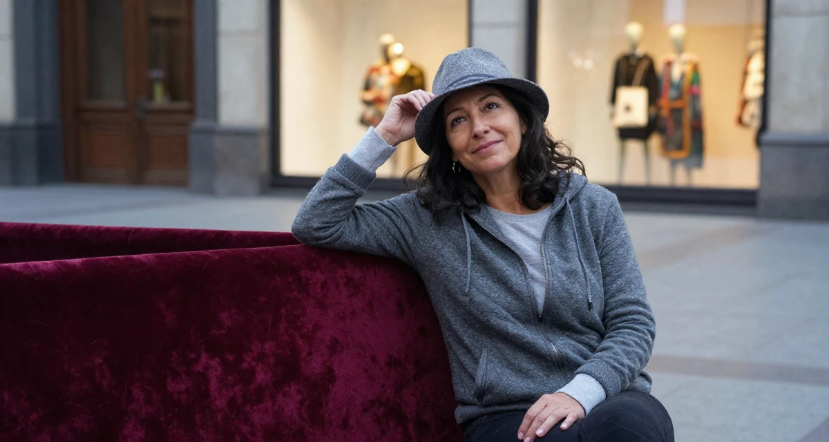 A peaceful Female From Chile, majored in astronomy in their 47, navigating the challenges of the sandwich generation, wearing a comfortable urban casual outfit, adjusting a hat in a pedestrian plaza.