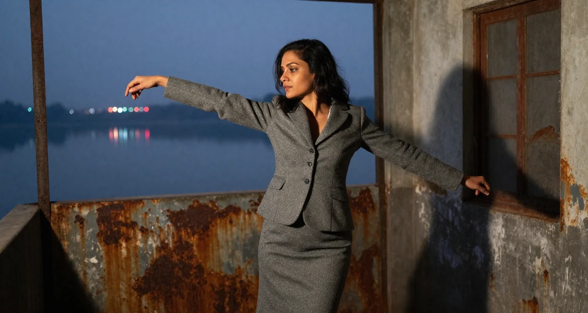 A introspective Female Born in Nepal, studied urban planning in their 36, pivoting career paths completely, wearing a grey wool skirt suit with a fitted jacket, stretching arms after waking in a home interior.