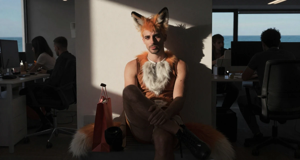 A flirty male From Argentina, studied digital illustration at a local art institute in their 23, exploring flirty aesthetics while staying within comfort zones, wearing a fox spirit (kitsune) outfit with fluffy ears and tails, holding a shopping bag in a busy coworking space.