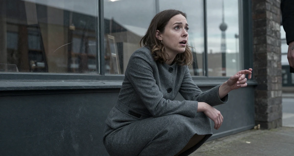 A emotionally moved Female From England, studied film and television in their 25, discovering what content feels comfortable or not, wearing a grey wool skirt suit with a fitted jacket, holding hands with someone unseen in a industrial warehouse.