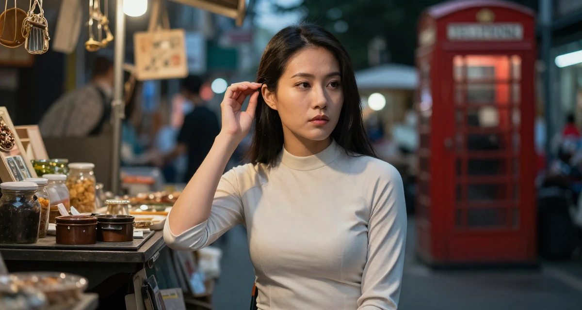 A solemn Female Raised in Vietnam, studied digital illustration in their 37, establishing authority in a niche market, wearing a minimalist everyday clothing, adjusting a hairpin in a night market stall.