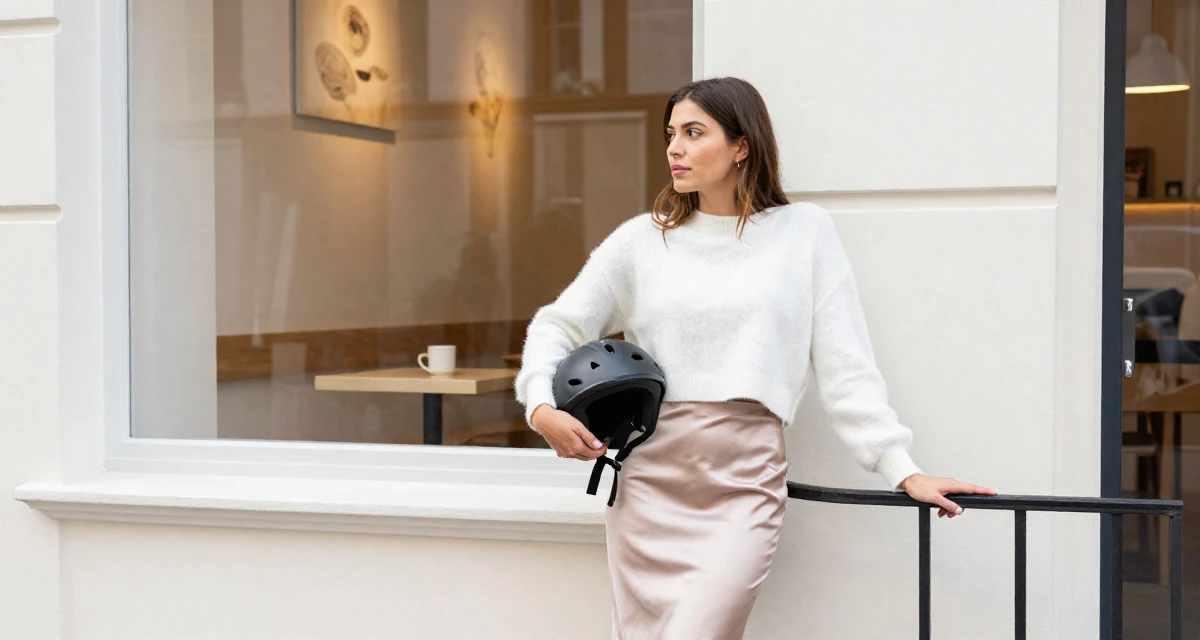 A pensive Female From Luxembourg, studied European business law in their 23, refining their taste in art and music, wearing a satin midi skirt and a fuzzy cropped sweater, holding a helmet in a coffee shop corner.