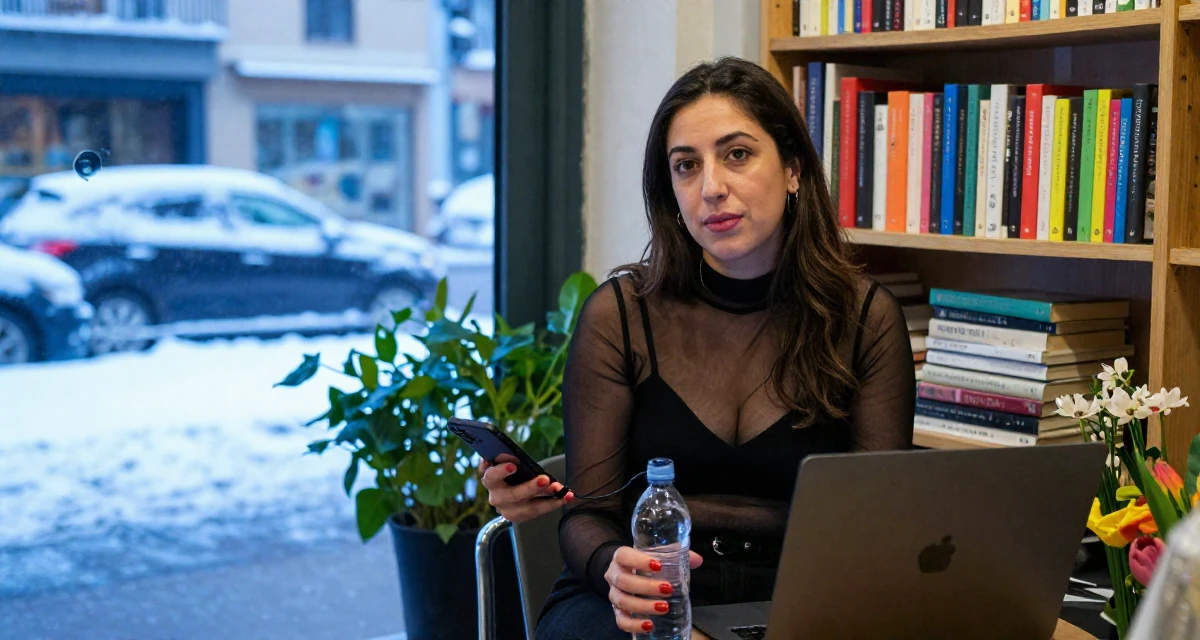A self-assured Female From Spain, based in Valencia, graduated from a communication institute majoring in digital storytelling in their 49, creating content about cultural heritage, wearing a sheer mesh top layered over a black bralette, holding a water bottle in a flower shop entrance.