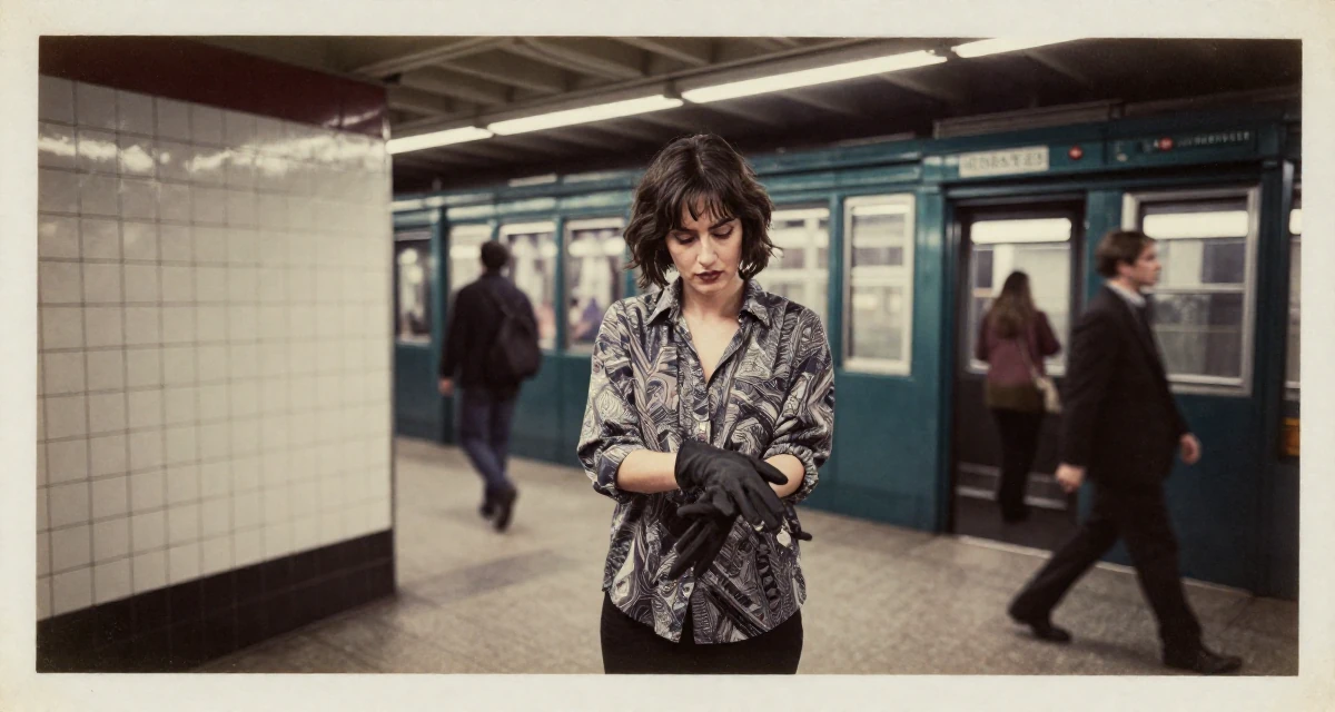 A enigmatic Female From Chicago USA, holds a degree in communications in their 22, crafting content at midnight after work shifts, wearing a relaxed fit patterned shirt, removing a glove in a photo studio.