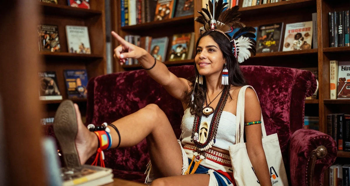 A relaxed and happy Female From Uruguay, studied anthropology in their 25, radiating an elegant and poised vibe, wearing a tribal shaman outfit with feathers and bones, carrying a tote bag in a vintage bookstore.