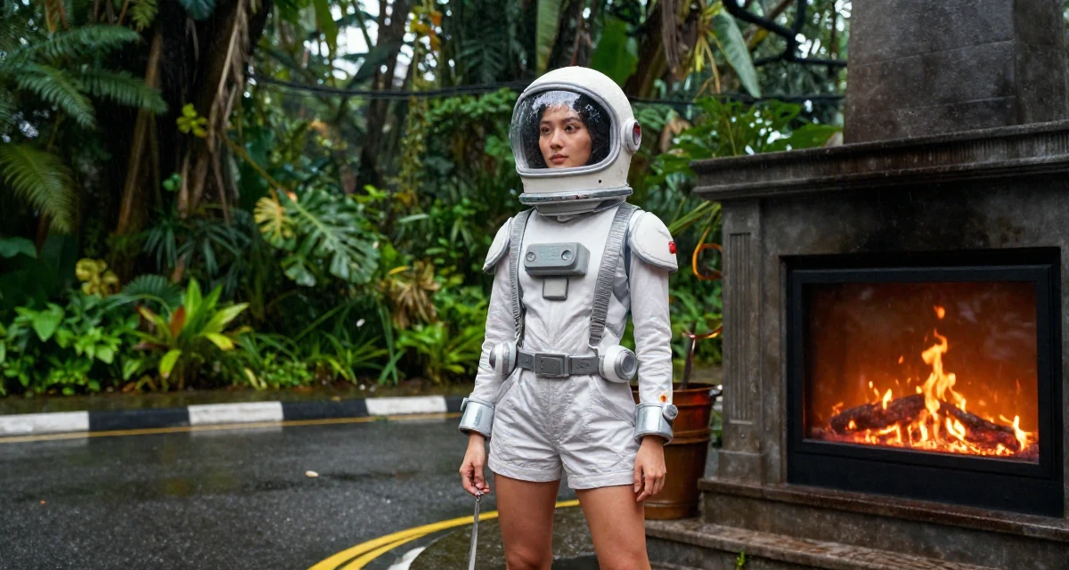 A placid Female From Penang Malaysia, studied UI/UX design in their 23, decoding the unwritten rules of corporate life, wearing a retro sci-fi space girl outfit with a bubble helmet, holding a leash in a rainy street corner.