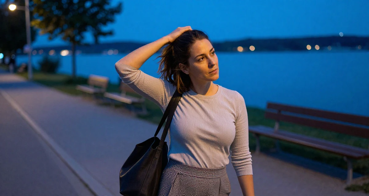 A grounded Female From Germany, studied information engineering in their 30, redefining what success means personally, wearing a fitted ribbed top and a check pattern skirt, looking through a bag in a neon-lit street.