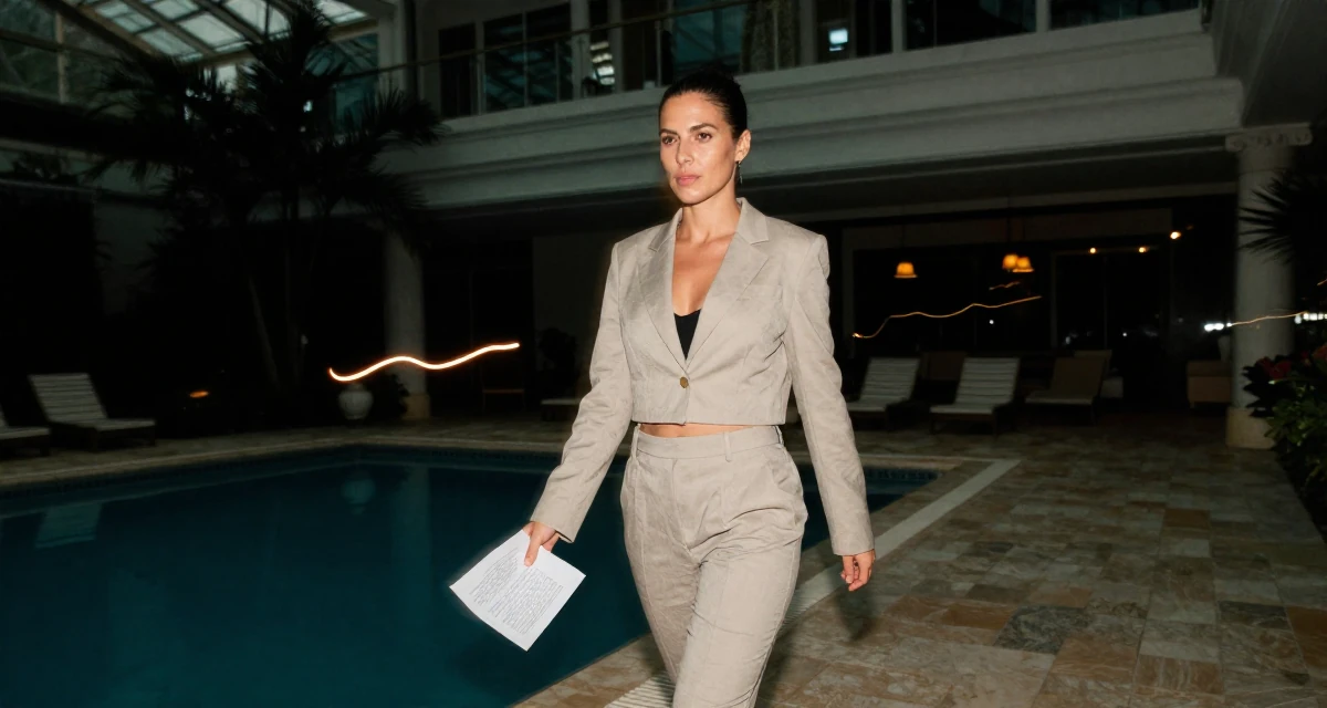A resolute Female From Bahamas, studied finance and banking in their 33, balancing softness with inner strength, wearing a cropped business jacket and high-waisted pants, holding a piece of paper in a greenhouse interior.