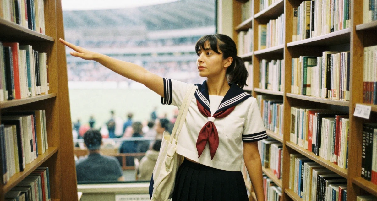 A sincere Female From Italy, majored in law in their 45, focusing on mental clarity and meditation, wearing a Japanese school sailor uniform (seifuku) with a pleated skirt, carrying a tote bag in a bookstore aisle.
