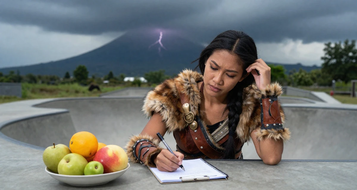 A tired Female From Thailand, based in Chiang Mai, graduated from a regional college majoring in content production in their 22, learning workplace expectations and boundaries, wearing a viking shield-maiden outfit with fur and leather, holding a pen poised to write in a skate park.