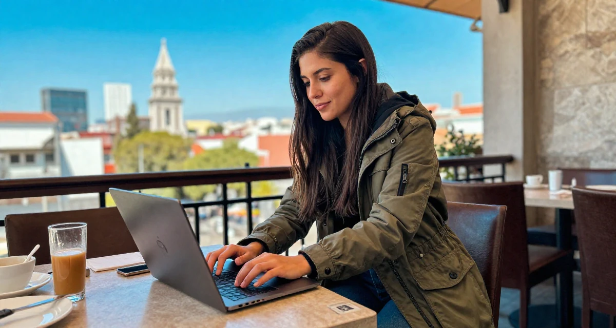 A relieved Female From Mexico, based in Monterrey, graduated from a private university majoring in communication studies in their 33, protecting personal time fiercely, wearing a stylish parka jacket, typing on a laptop in a high-end restaurant.