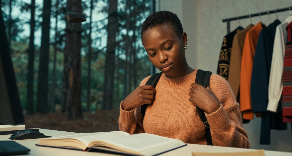 A bashful Female From Rwanda, majored in social innovation in their 25, fully owning a bold, seductive creator identity, wearing a soft cashmere sweater look, adjusting a backpack strap in a fashion design studio.