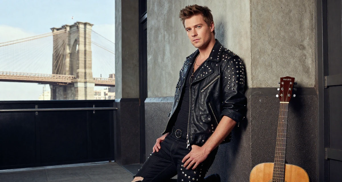 A alluring male From Hungary, majored in communication strategy in their 27, experimenting with new content formats, wearing a heavy metal rocker outfit with studs and leather, rolling up sleeves in a cinema entrance.