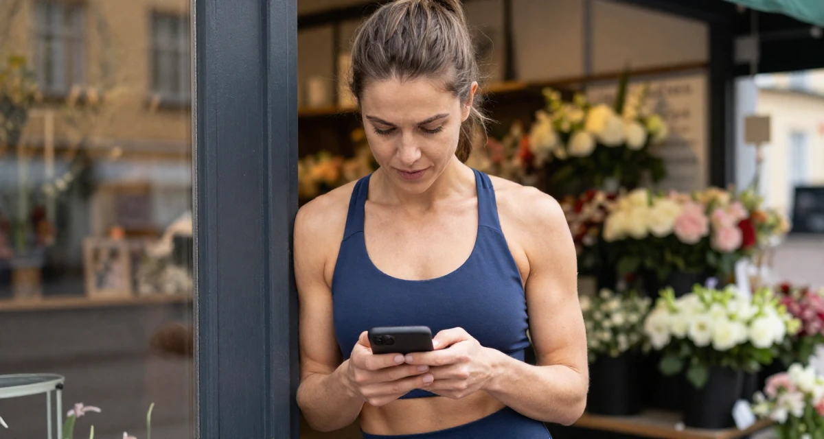 A charming Female From Helsinki Finland, practiced emotional expression through self-portrait art in their 25, figuring out boundaries while trying small photo sets, wearing a form-fitting athletic set with a sports bra and leggings, unlocking a phone screen in a flower shop entrance.