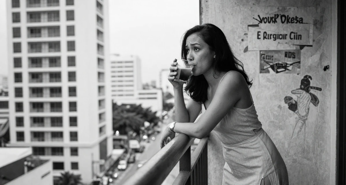 A emotionally moved Female From Johor Malaysia, studied early childhood education in their 29, solidifying professional reputation, wearing a spaghetti strap summer dress with a high slit, sipping a warm drink in a high-rise office building.