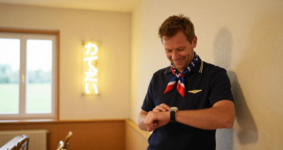 A delighted male From Germany, majored in environmental science in their 45, sharing the beauty of a quiet rural life, wearing a flight attendant uniform with a silk scarf, glancing at a wristwatch in a lecture hall.