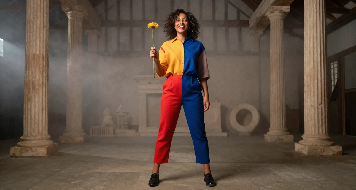 A vibrant and alive Female From UK, has a background in history and archaeology in their 20, chasing creative dreams despite parental skepticism, wearing a bold color-block outfit, holding a flower in a barn interior.