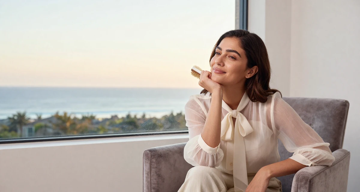 A lazy Female Grew up in Nepal, majored in marketing analytics in their 37, creating a slow-living lifestyle in the suburbs, wearing a sheer chiffon blouse with a bow tie neck and slacks, brushing off dust in a luxury spa room.