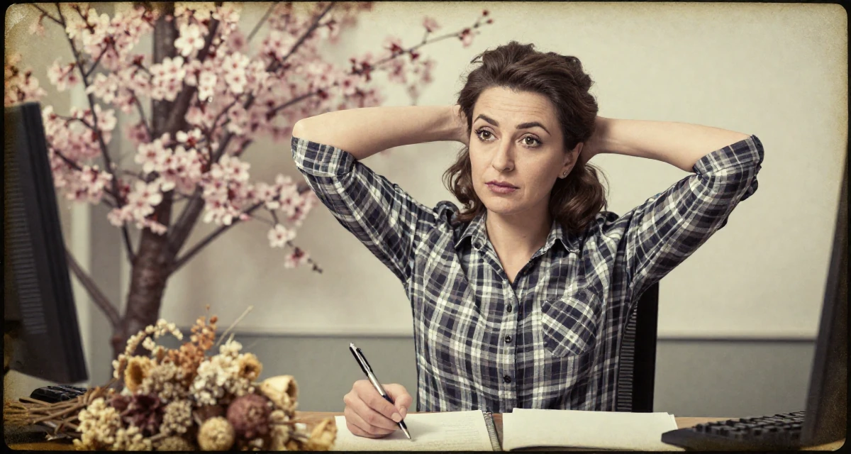 A alert and attentive Female From Turkey, has a degree in tourism management in their 47, preparing for empty-nest life, wearing a casual plaid button-down, holding a pen poised to write in a radio station.