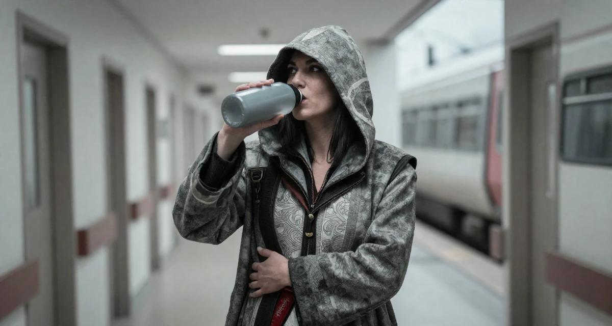 A captivating Female From England, majored in philosophy in their 24, looking for meaning beyond the paycheck, wearing a assassin creed style hooded robe and tunic, drinking from a water bottle in a hospital corridor.