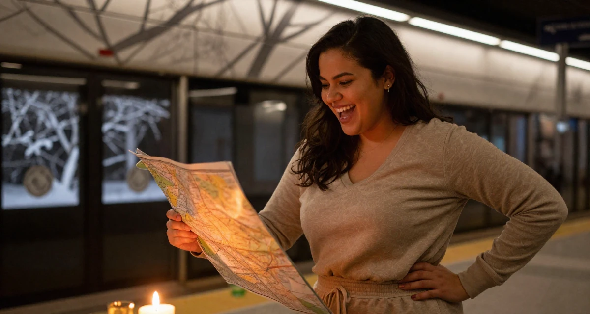 A victorious Female From Jakarta Indonesia, developed body-positive messaging through community work in their 32, managing long-distance relationship, wearing a comfortable lounge wear set, looking at a map in a subway platform.
