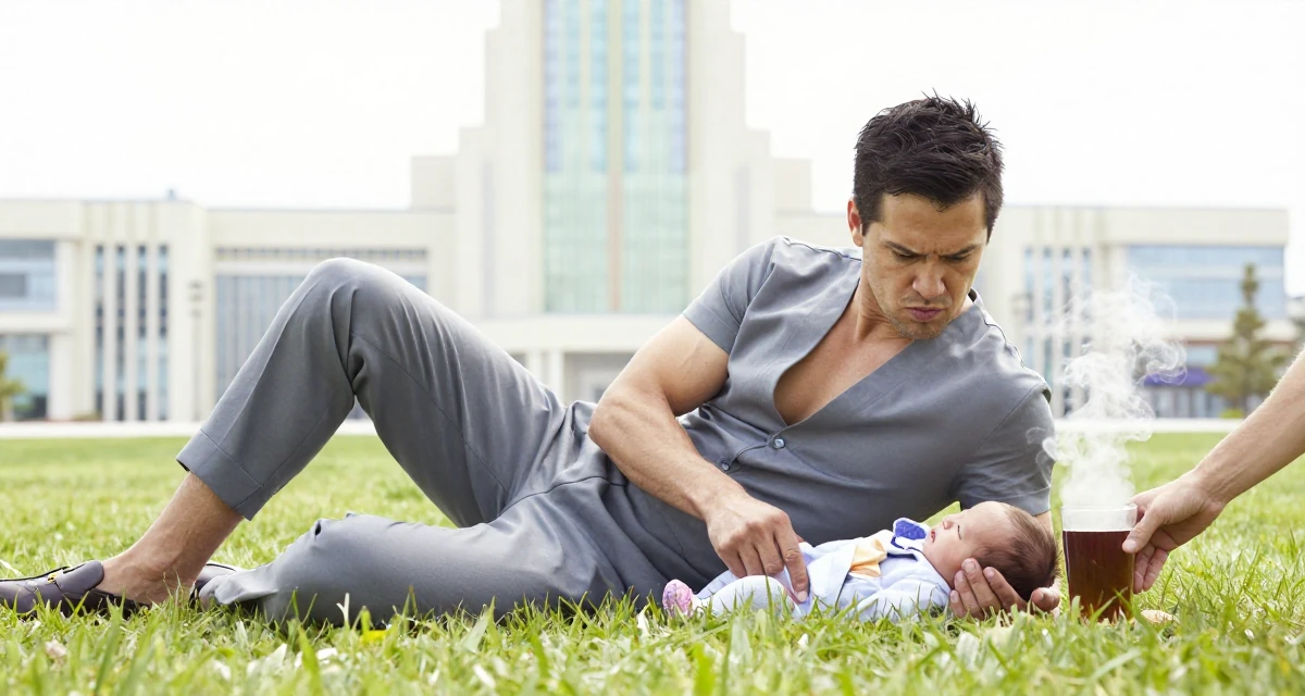 A ferocious male From Canada, holds a degree in accounting in their 35, caring for a newborn, wearing a tailored jumpsuit with a deep v-neck, holding hands with someone unseen in a grassy field.