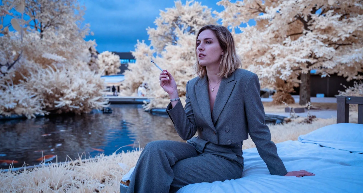 A assured Female Grew up in Ireland, majored in digital marketing in their 42, expert consultant sharing industry secrets, wearing a cropped business jacket and high-waisted pants, holding a cigarette (lit or unlit) in a quiet park.