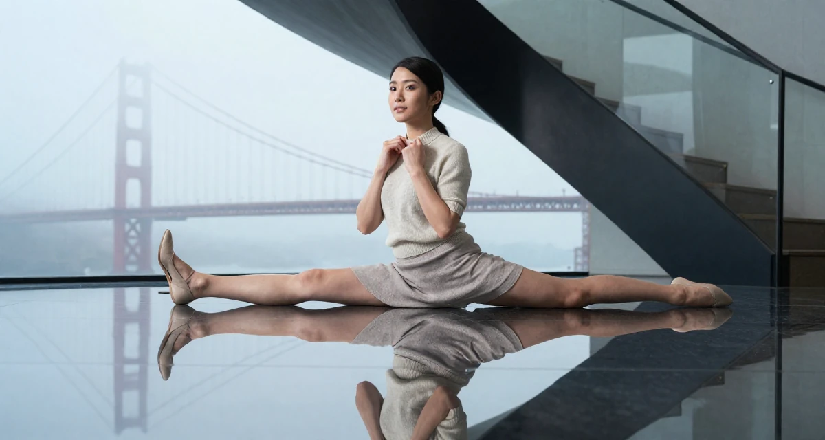 A alluring Female From Japan, based in Fukuoka, graduated from a media college majoring in soft-glam creative production in their 33, balancing softness with inner strength, wearing a short sleeve cashmere sweater and a skirt, adjusting a collar in a winding staircase.