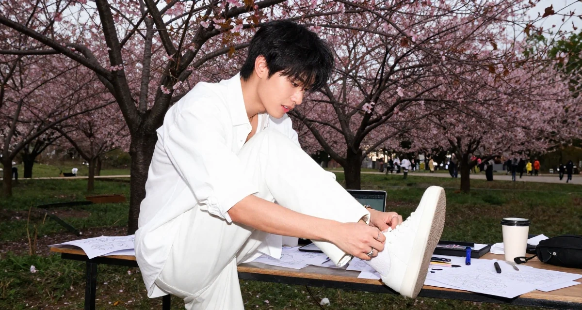 A romantic male From Thailand, based in Chiang Mai, graduated from a regional college majoring in content production in their 23, experimenting with soft teasing videos, wearing a oversized white shirt with sleeves rolled up and slim trousers, playing with a ring in a blooming flower garden.