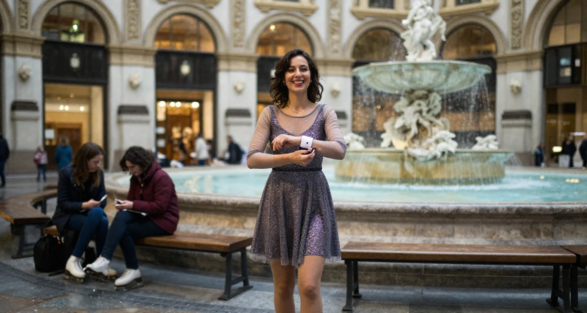 A joyful Female From Florence Italy, majored in sculpture arts in their 46, sharing easy gourmet recipes for two, wearing a ice skater sparkly dress with sheer sleeves, fixing a cufflink in a waiting room.