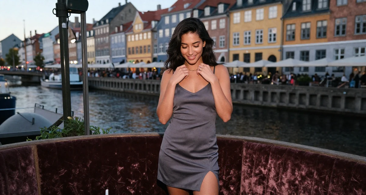 A delighted Female From Copenhagen Denmark, studied influencer branding and content campaigns in their 21, exploring the city nightlife until sunrise, wearing a short slip dress with a thigh-high slit, adjusting a collar in a greenhouse interior.