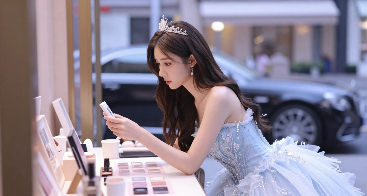 A cold and distant Female Once a tattoo shop cashier, now modeling body-art-centric content in their 22, exploring early career opportunities, wearing a snow queen gown with ice crystal details, examining a product in a high-end restaurant.