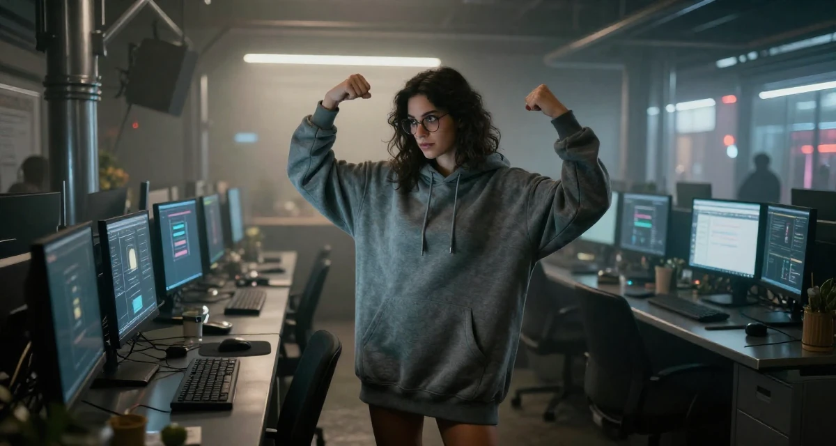 A carefree Female Former florist assistant, now making soft, romantic aesthetic content in their 22, realizing that “overnight success” is a lie, wearing a oversized hoodie worn as a dress, scrolling casually in a cybernetic computer lab.
